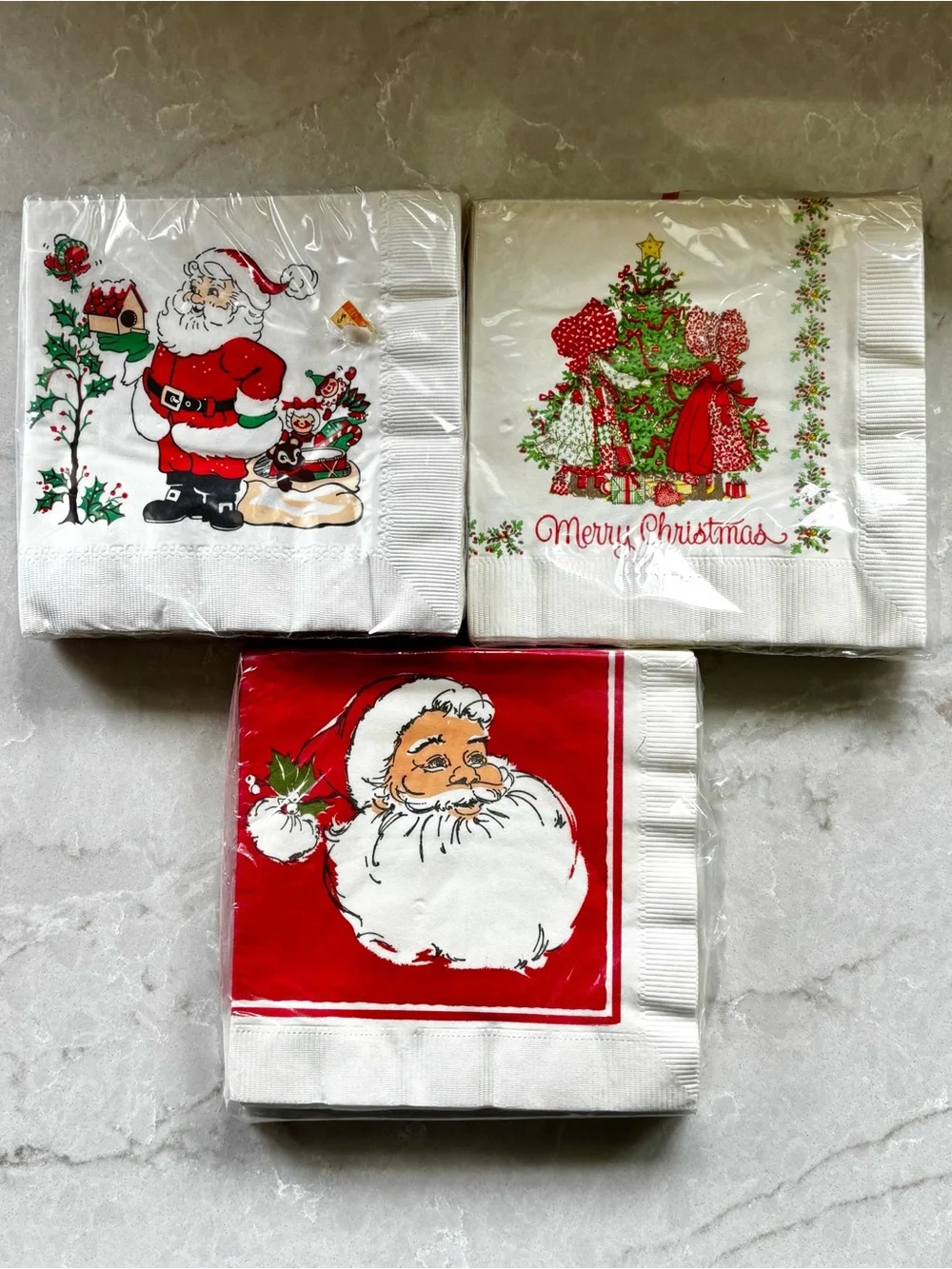 Vintage Christmas Napkins Prairie Girls Santa Lot of 3 Sealed Retro Holiday 60